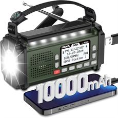 Kannettava radio, jossa on näyttö, taskulamppu, kaiutin ja 10 000 mAh:n akkupankki.